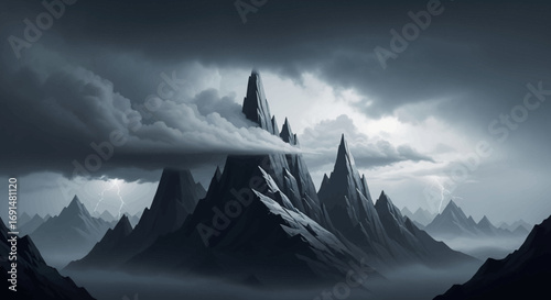 Jagged Peaks Erupt Through Stormy Clouds with Lightning Strikes