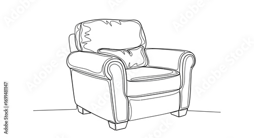 Minimalist continuous line drawing of a cozy armchair with a cushion, elegant furniture illustration.