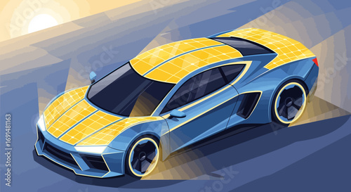 Sleek blue futuristic sports car featuring integrated yellow solar panels on its body