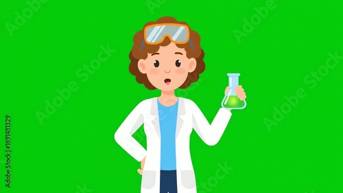 4k video of a surprised female scientist holding a beaker of green liquid, a flat-cartoon style animation against a bright green screen background.
