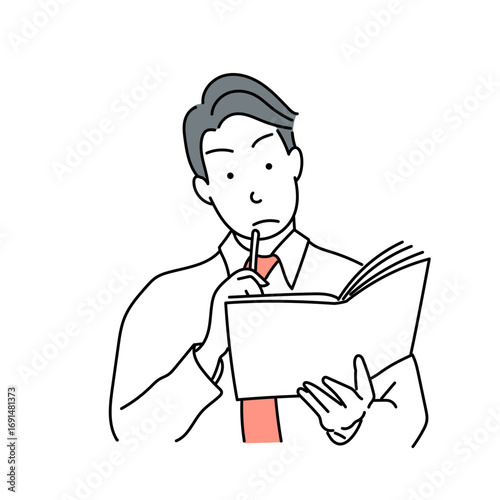 ワイシャツ姿の男性がノートを片手に考え込む様子のイラスト｜ビジネス,計画,学習,教育,戦略,社会人,シンプル,ホワイト背景,独立,ベクター