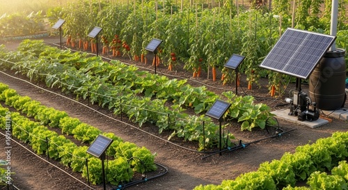 Sustainable agriculture with solar panels powering irrigation in a vegetable garden