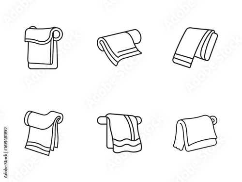 Minimalist Outline Towel Icons Collection for Bathroom and Spa Set of Six Towels with Different Styles on White Background