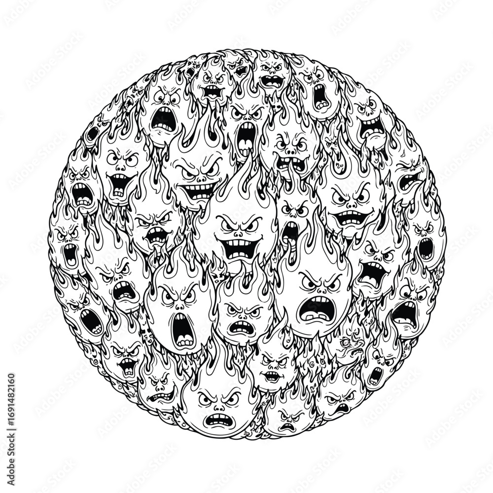 Naklejka premium A chaotic sphere filled with handdrawn angry and screaming cartoon flame faces.
