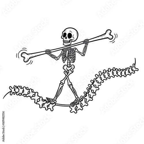 A cartoon skeleton tightrope walking on a human spine using a large bone as a balancing pole.