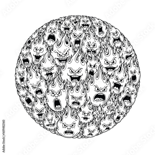 A chaotic sphere filled with handdrawn angry and screaming cartoon flame faces.