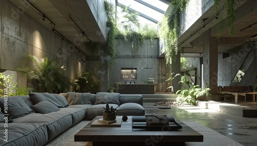 Cozy Living Area with Skylight and Green Plants