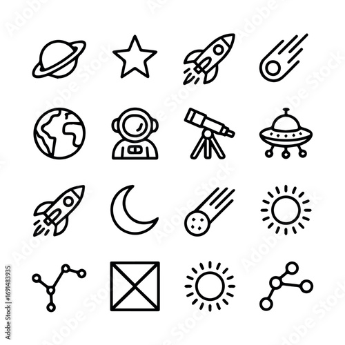 Space exploration icons set vector illustration of planet star rocket astronaut telescope and other astronomy elements