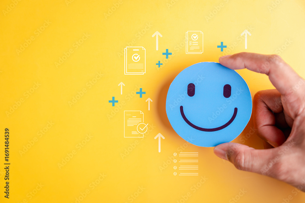 Fototapeta premium Mental health recovery, smiling face emotional wellbeing, positive mindset, personal growth, stress relief, and mental self-care.