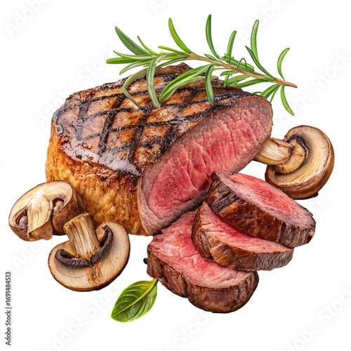Juicy grilled steak perfectly cooked medium-rare with fresh rosemary and mushrooms, a gourmet culinary delight for any occasion.