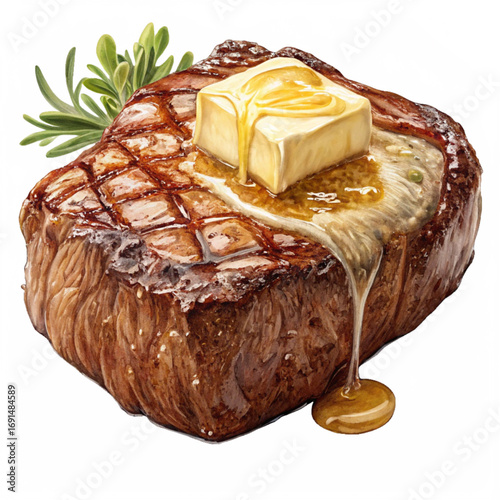 Juicy grilled steak topped with melting butter and fresh herbs, a gourmet culinary delight for any food lover's feast.
