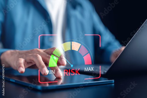 Risk management with and risk level gauge, financial planning, decision making, business safety, risk assessment strategy.