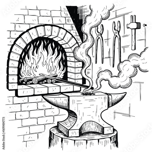 A handdrawn black and white illustration of a blacksmiths forge with a hot iron on an anvil a brick furnace and hanging tools.
