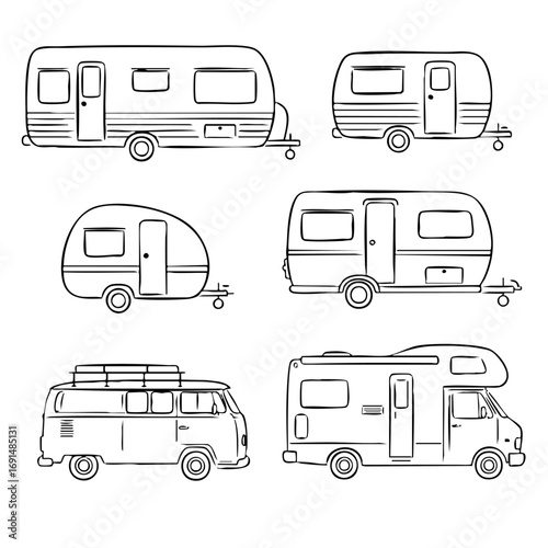 Wohnwagen Lineart Vektorgrafik Camping Fahrzeuge Collage Reise Design schwarzweiß

