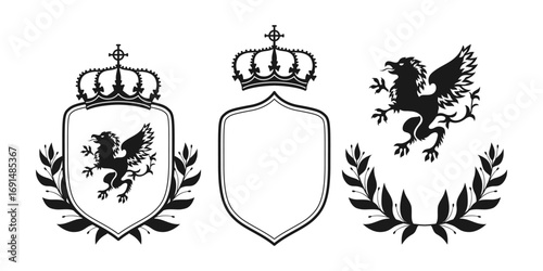 Coat of arms with noble griffin eagle, laurel wreath, shield, crown. Heraldic crest set. Medieval emblems logo fantasy kingdom. Coat of arms generator vintage vector graphic design illustration