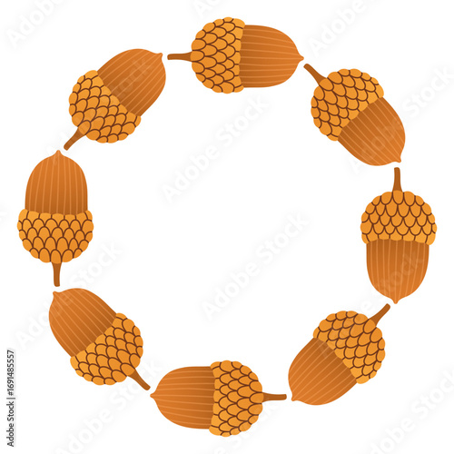 Autumn acorn circle frame. Round border made of doodle hand drawn fall acorns. The acorns are arranged in a circle for stickers, banners, cards, ads. Vector flat isolated on white background.