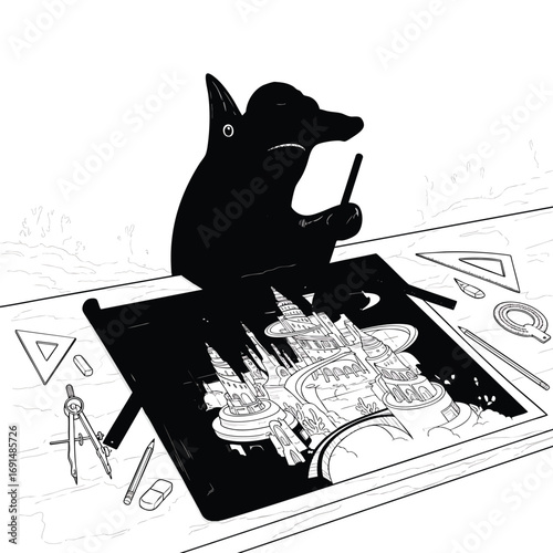 A silhouetted cartoon animal architect meticulously drawing a futuristic city on a drafting table.