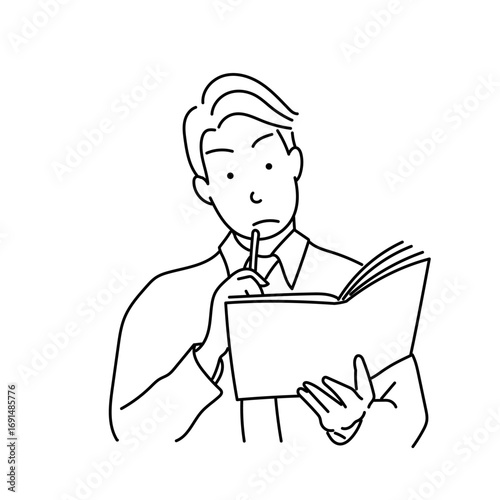 ワイシャツ姿の男性がノートを持ち考える様子をシンプルな線画で表現したイラスト｜ビジネス,教育,学習,計画,戦略,資料確認,社会人,背景白,ベクター