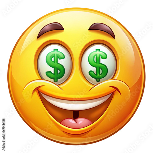 a cheerful emoji face with dollar signs for eyes