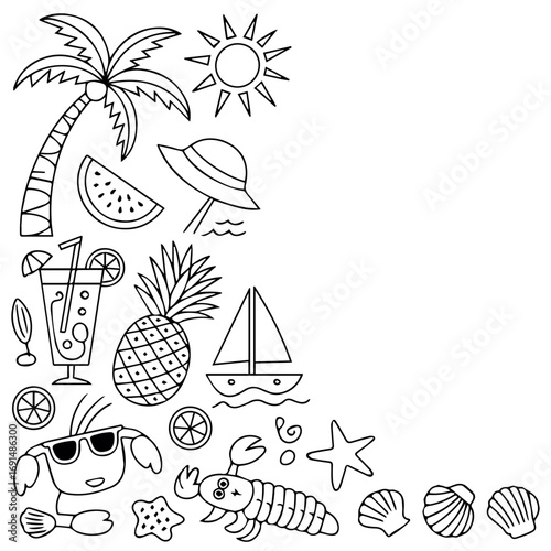 Summer beach vacation doodle illustration with palm tree sun cocktail and sea life coloring page vector design