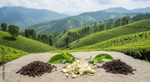 Fresh tea leaves and jasmine flowers on a stone in tea plantation