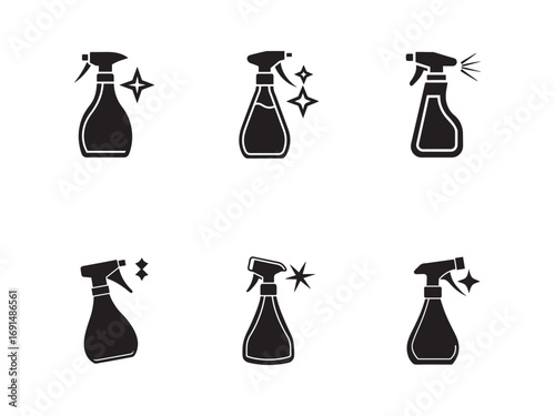 Set of Cleaning Spray Bottle Icons for Hygiene and Disinfection Illustration in Black Silhouette Vector Design