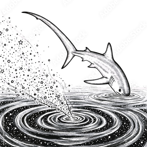 A surreal black and white illustration of a thresher shark leaping from a cosmic ocean of stars.