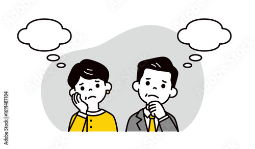 吹き出しと、困った表情の50代・60代の男性と女性の上半身ビジネスイラスト素材＿ベクター