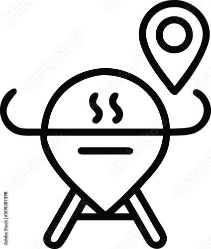 BBQ grill with steam and map pin icon in simple outline style