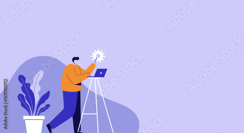 A person configuring settings on a laptop with a glowing gear icon, symbolizing problem-solving, development, or system optimization. Ideal for business, technology, or creative concepts.
