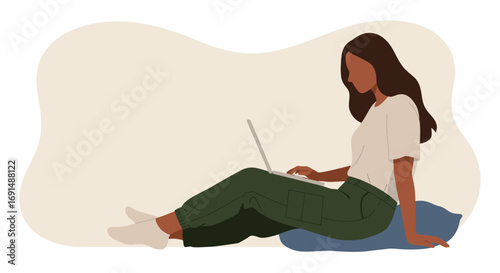 Person working remotely on laptop from a comfortable setting, ideal for illustrating modern flexible work, freelance, and online learning concepts.
