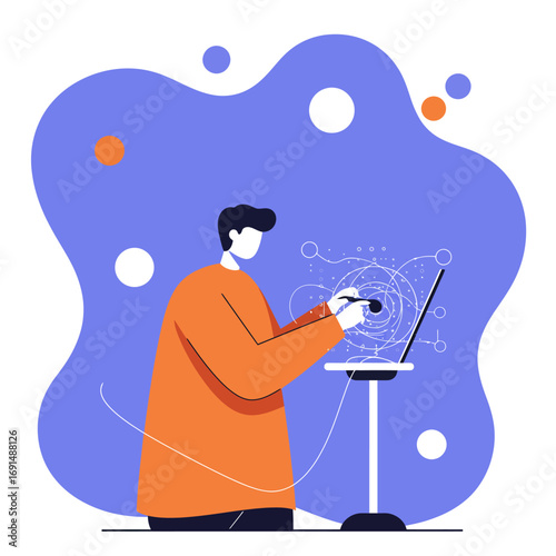 A man using a stylus to interact with an abstract, holographic data projection from a laptop, symbolizing innovation, digital development, and interconnectedness.