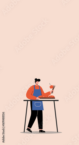 Person in apron preparing food with a skewer and chopsticks, alongside baked goods. Ideal for cooking, culinary arts, or healthy lifestyle content.