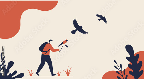 Adventurous man with backpack interacts with a bird, observing others flying in a serene natural environment. Represents freedom, exploration, and connection to wildlife.