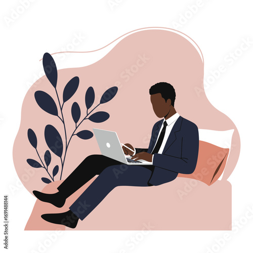 Professional African American man working remotely on a laptop in a comfortable setting, blending business with a relaxed lifestyle. Ideal for concepts of flexible work.