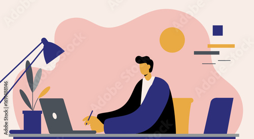 Professional man working remotely at his modern desk with a laptop and pen, embodying productivity, online learning, and a contemporary digital lifestyle.