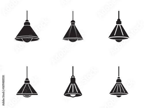 Set of Six Black Lamp Icons in Different Styles on a White Background for Interior Design and Decoration Projects