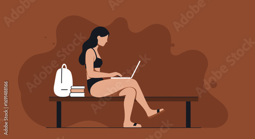 Young woman in swimwear uses laptop on a bench, illustrating remote work, digital nomad lifestyle, and summer productivity. Ideal for travel, leisure, and online learning.