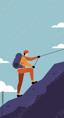 Determined climber scales a challenging mountain with a rope, embodying perseverance, adventure, and overcoming obstacles. Perfect for active lifestyle, travel, and business success concepts.