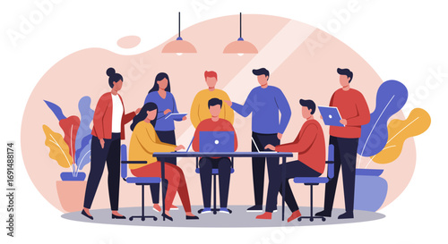 Diverse team collaborating in a modern office meeting, discussing business strategy and innovative ideas. Represents teamwork, communication, and productivity in a corporate setting.