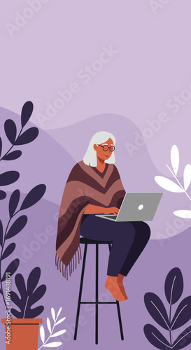 Senior woman comfortably using laptop, engaging with technology in a modern home environment. Represents digital literacy and active aging.