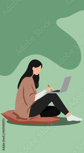 Relaxed woman using a laptop and stylus, illustrating remote work, freelance, or online education in a comfortable home setting.