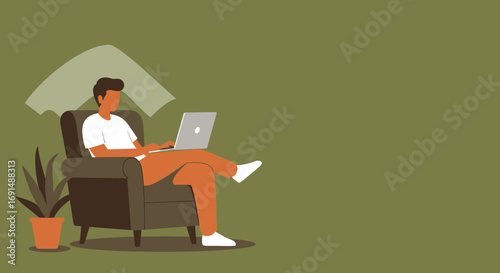 Man comfortably working remotely from an armchair with a laptop, highlighting home office, online education, or digital lifestyle.