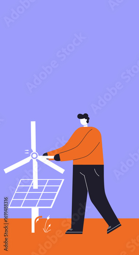 Person engaged with renewable energy systems, including a wind turbine and solar panel, symbolizing green technology, sustainability, and eco-friendly solutions.