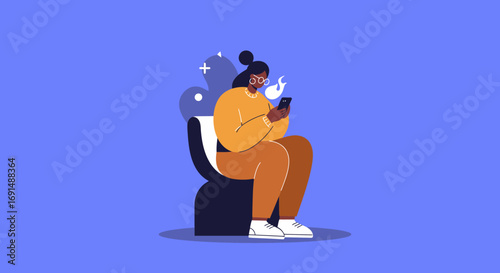 Illustration of a young woman sitting and focused on her smartphone, symbolizing digital communication, social media, and modern tech lifestyle.