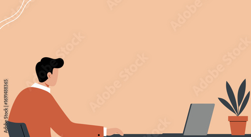 Professional man focused on work at his laptop in a modern minimalist home office setting, representing productivity, remote work, and digital business solutions.