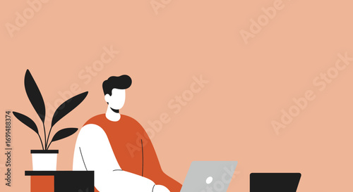 Stylish illustration of a person focused on a laptop, depicting remote work, online learning, or digital tasks. Perfect for modern business, lifestyle, or technology concepts.