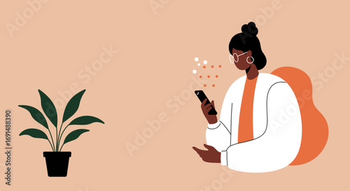 Minimalist illustration of a woman using a smartphone with digital communication elements, alongside a potted plant. Modern lifestyle concept.