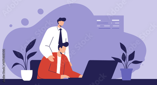 Two business colleagues collaborate on a laptop in a modern office, showcasing teamwork, mentorship, and professional support in a corporate environment.