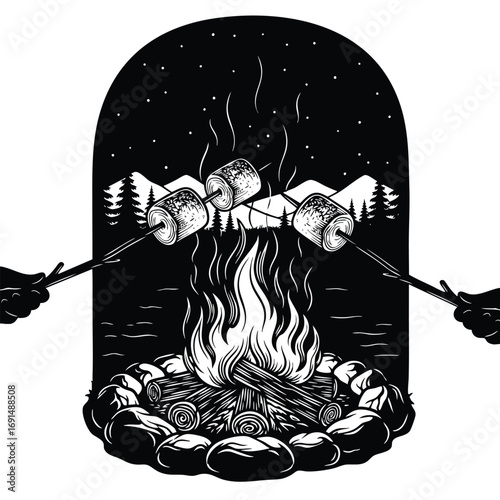 Black and white illustration of roasting marshmallows on sticks over a campfire at night.